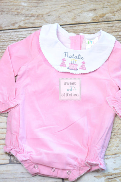 Baby girl monogrammed bishop bubble in pink corduroy, 1st birthday outfit, cake smash outfit, monogrammed baby girl outfit