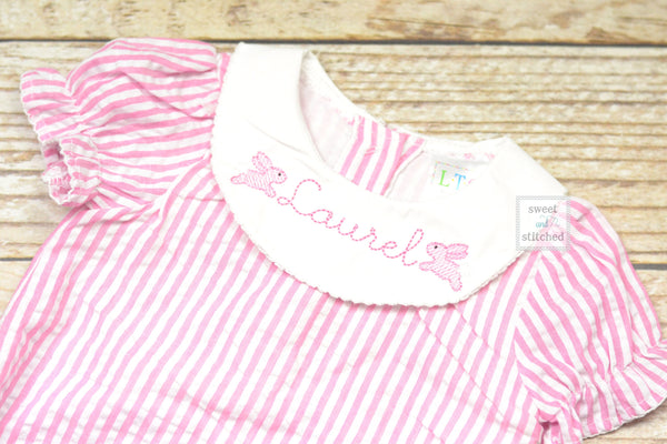 Baby girl monogrammed bishop bubble Easter outfit in pink seersucker with bunny design, Easter outfit, monogrammed easter bunny outfit