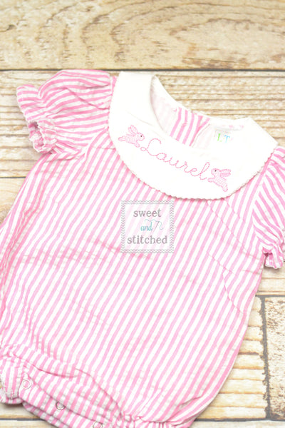 Baby girl monogrammed bishop bubble Easter outfit in pink seersucker with bunny design, Easter outfit, monogrammed easter bunny outfit