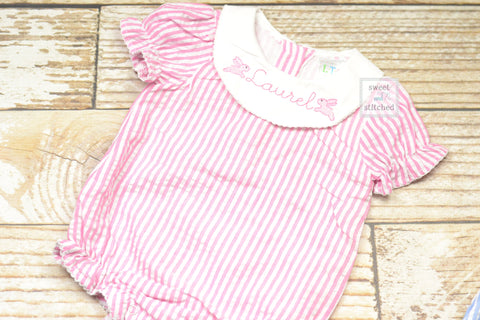 Baby girl monogrammed bishop bubble Easter outfit in pink seersucker with bunny design, Easter outfit, monogrammed easter bunny outfit