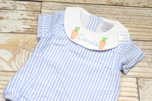 Monogrammed baby boy easter bishop bubble with carrots, monogrammed boys easter romper, seersucker monogrammed easter outfit
