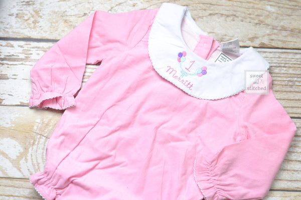 Baby girl monogrammed bishop bubble in pink corduroy, 1st birthday outfit, balloon cake smash outfit, monogrammed baby girl outfit