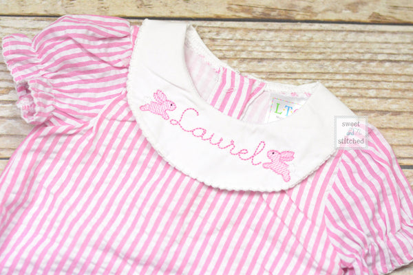 Baby girl monogrammed bishop bubble Easter outfit in pink seersucker with bunny design, Easter outfit, monogrammed easter bunny outfit
