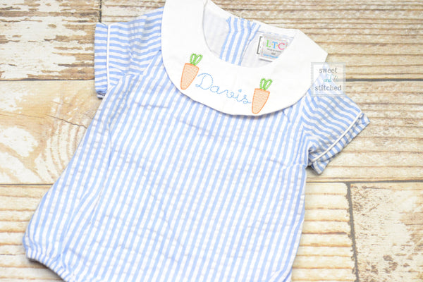 Monogrammed baby boy easter bishop bubble with carrots, monogrammed boys easter romper, seersucker monogrammed easter outfit