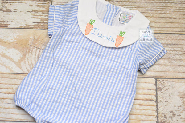 Monogrammed baby boy easter bishop bubble with carrots, monogrammed boys easter romper, seersucker monogrammed easter outfit