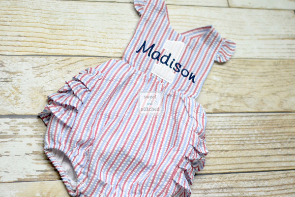 Monogrammed baby girl birthday bubble romper, 4th of july birthday outfit, patriotic cake smash outfit, red white and blue birthday outfit