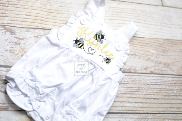 Monogrammed baby girl cake smash outfit with bees and name, girls bumblebee birthday bubble outfit, 1st birthday bee cake smash outfit