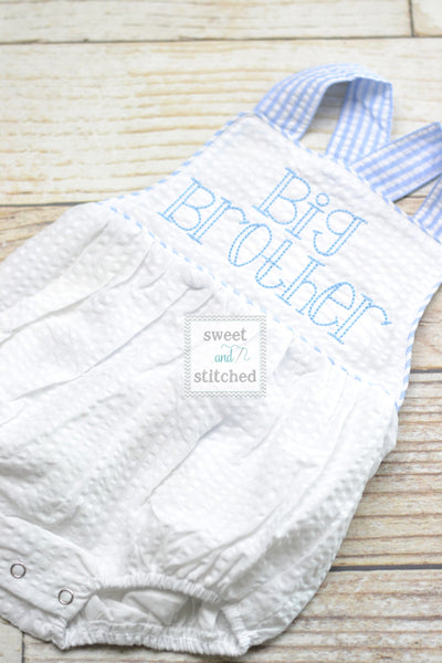 Monogrammed big brother outfit seersucker, boys cross backed bubble, boys summer romper, big brother bubble, big brother hospital outfit
