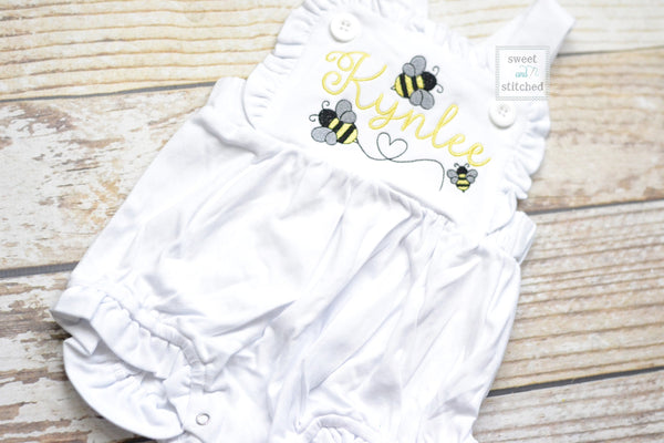 Monogrammed baby girl cake smash outfit with bees and name, girls bumblebee birthday bubble outfit, 1st birthday bee cake smash outfit