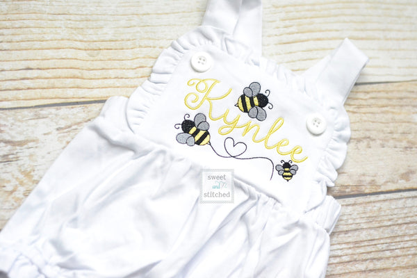 Monogrammed baby girl cake smash outfit with bees and name, girls bumblebee birthday bubble outfit, 1st birthday bee cake smash outfit