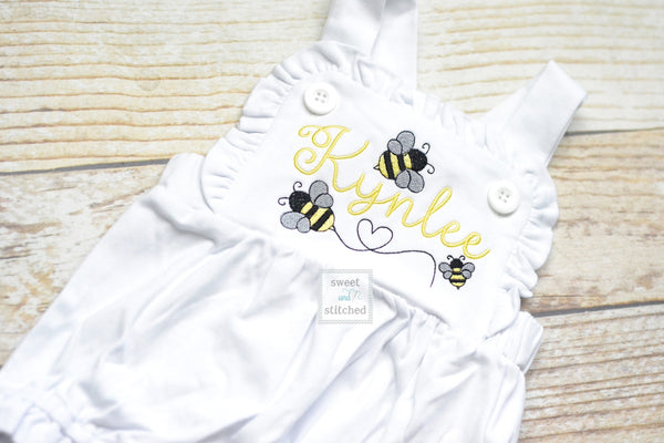 Monogrammed baby girl cake smash outfit with bees and name, girls bumblebee birthday bubble outfit, 1st birthday bee cake smash outfit