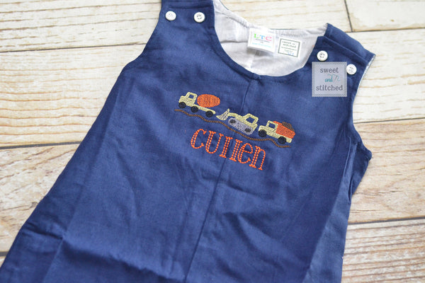 Monogrammed baby boy construction jon jon, baby boy outfit with trucks design, construction birthday outfit, construction cake smash