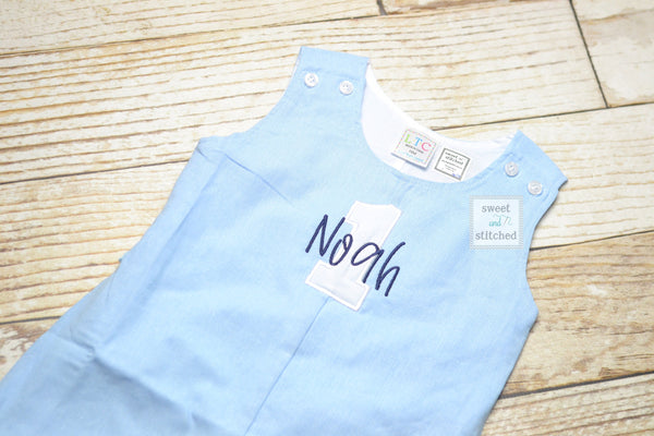 Monogrammed baby boy jon jon with 1 and name, baby boy 1st birthday outfit with name, monogrammed jon jon, cake smash outfit