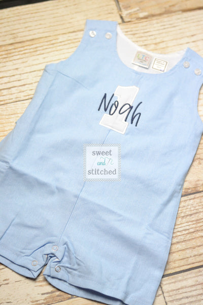 Monogrammed baby boy jon jon with 1 and name, baby boy 1st birthday outfit with name, monogrammed jon jon, cake smash outfit