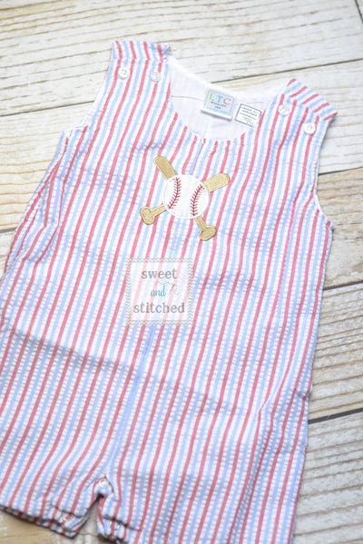 Monogrammed Boys red white and blue romper with baseball design, Boys 4th of July Outfit, little brother baseball outfit, baseball jon jon
