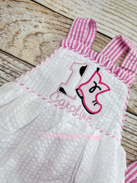 Monogrammed baby girl ruffle bubble with cowboy boots, cowgirl themed birthday outfit, 1st birthday cake smash outfit, wester cake smash