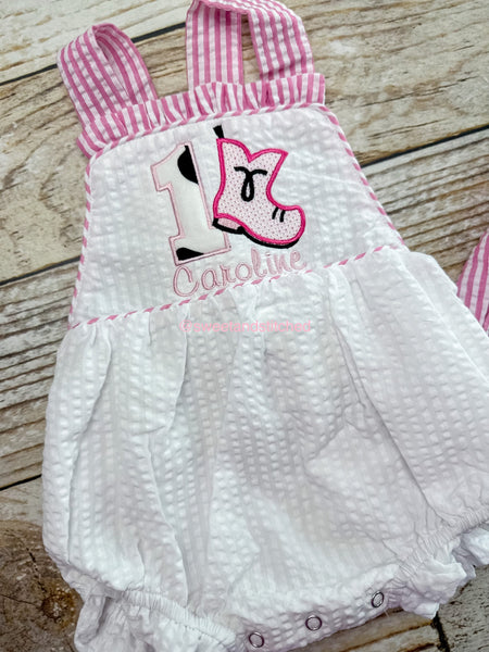 Monogrammed baby girl ruffle bubble with cowboy boots, cowgirl themed birthday outfit, 1st birthday cake smash outfit, wester cake smash