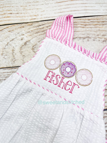 Monogrammed baby girl ruffle bubble with donut theme, donut themed birthday outfit, 1st birthday donut cake smash outfit