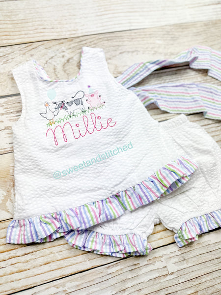 Monogrammed farm baby girl cake smash swing bloomer set with farm animal design and name, girls birthday outfit, farm cake smash outfit