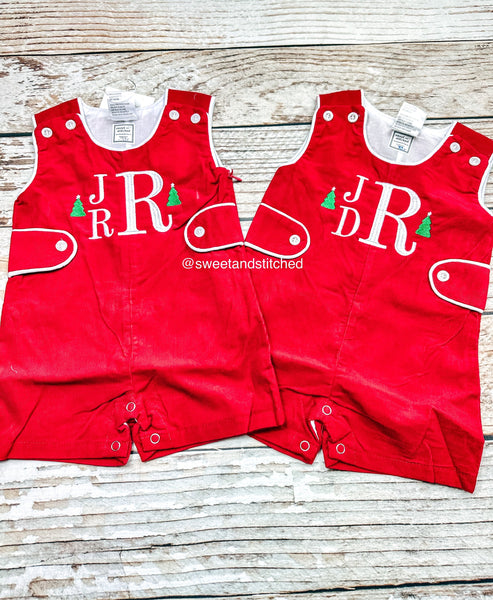 Personalized Baby Boy Christmas jon jon - red corduroy monogrammed Christmas outfit, 1st Christmas outfit personalized, Christmas jon jon