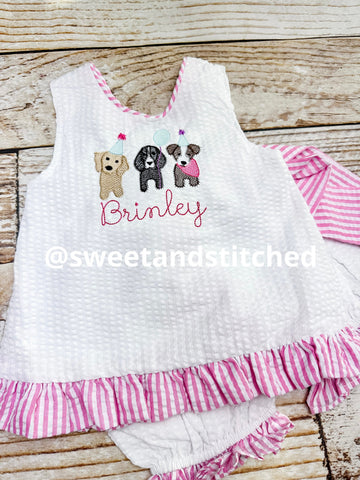 Baby girl swing back bloomer set, puppy dog 1st birthday outfit, Monogrammed cake smash outfit, baby bloomer set, dog themed birthday outfit