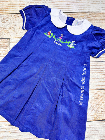 Girls monogrammed Christmas Nutcracker dress, Navy Corduroy Collared Christmas dress, Corduroy Christmas dress, soldier mouse ballerina