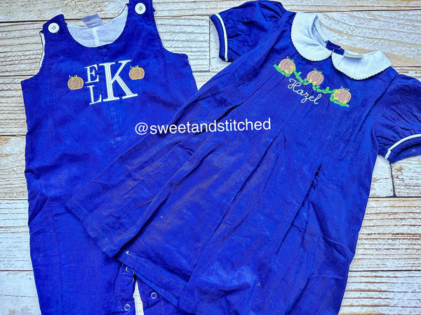 Personalized Baby Boy Fall outfit with pumpkins- navy corduroy monogrammed thanksgiving overalls personalized