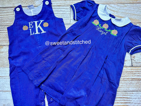 Personalized Baby Boy Fall outfit with pumpkins- navy corduroy monogrammed thanksgiving overalls personalized