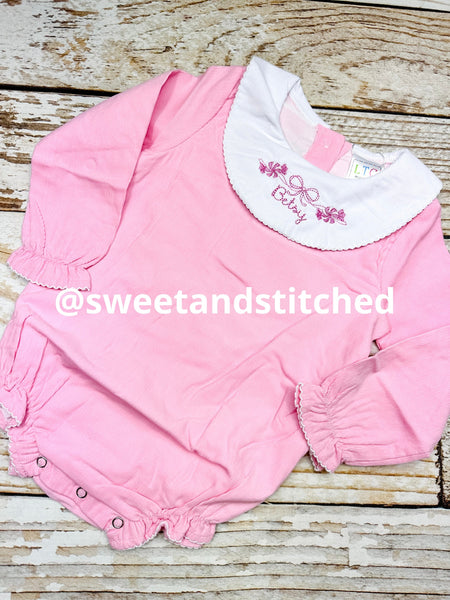 Baby girl monogrammed Christmas bishop bubble in pink corduroy, Ruffle Christmas outfit with peppermint design, girls Christmas outfit