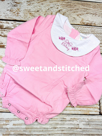 Baby girl monogrammed Christmas bishop bubble in pink corduroy, Ruffle Christmas outfit with peppermint design, girls Christmas outfit