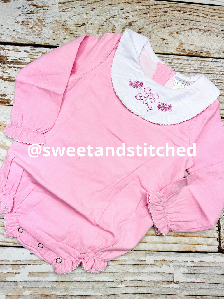 Baby girl monogrammed Christmas bishop bubble in pink corduroy, Ruffle Christmas outfit with peppermint design, girls Christmas outfit