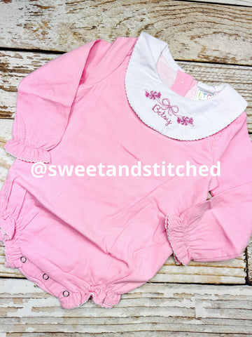 Baby girl monogrammed Christmas bishop bubble in pink corduroy, Ruffle Christmas outfit with peppermint design, girls Christmas outfit