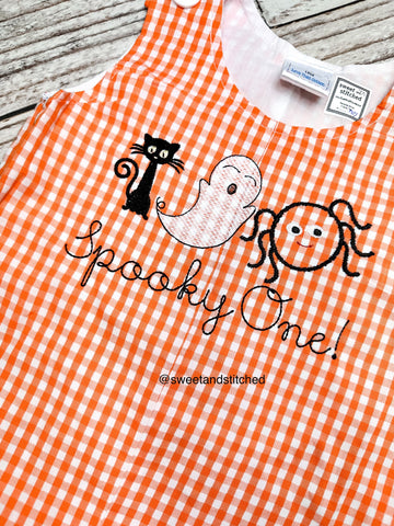 Monogrammed baby boy Birthday overalls with halloween trio in orange gingham, ghost birthday outfit, spooky one cake smash birthday outfit