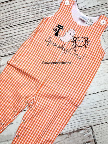 Monogrammed baby boy Birthday overalls with halloween trio in orange gingham, ghost birthday outfit, spooky one cake smash birthday outfit