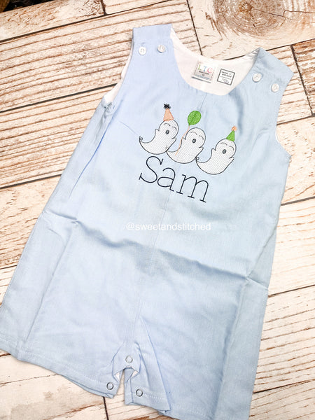 Monogrammed baby boy Birthday jon jon with birthday party ghosts design, Halloween birthday outfit, ghost cake smash birthday outfit