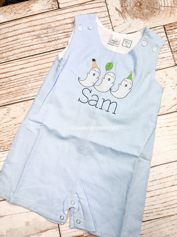 Monogrammed baby boy Birthday jon jon with birthday party ghosts design, Halloween birthday outfit, ghost cake smash birthday outfit