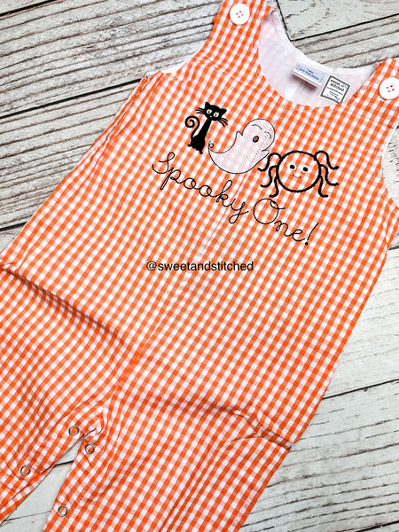 Monogrammed baby boy Birthday overalls with halloween trio in orange gingham, ghost birthday outfit, spooky one cake smash birthday outfit