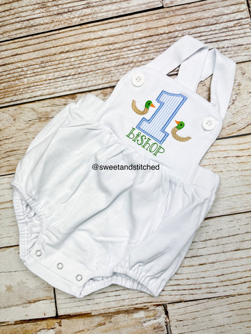 Monogrammed baby boy Birthday romper with mallard ducks, duck birthday outfit, mallard themed cake smash outfit
