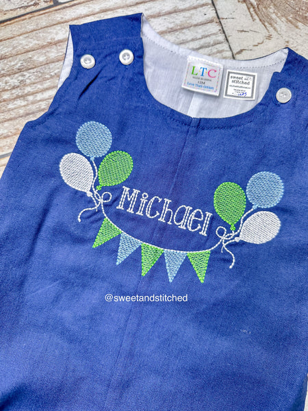 Monogrammed baby boy jon jon in navy with balloons and bunting flags, baby boy birthday outfit with name, cake smash outfit