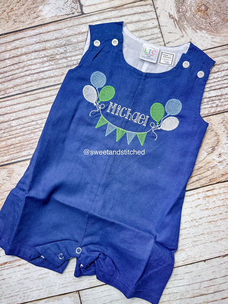 Monogrammed baby boy jon jon in navy with balloons and bunting flags, baby boy birthday outfit with name, cake smash outfit