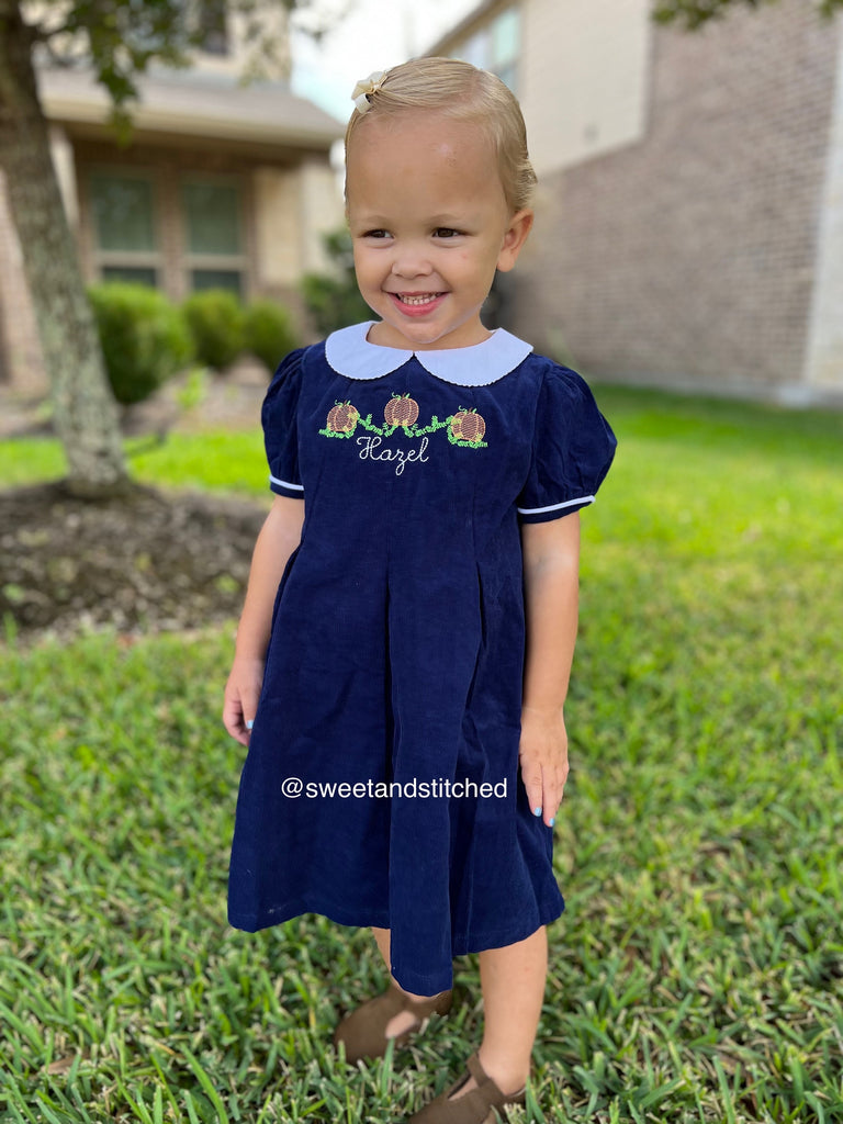 slim fit dress slacks Girls monogrammed Pumpkin thanksgiving dress, Navy Corduroy Collared F – Sweet and Stitched