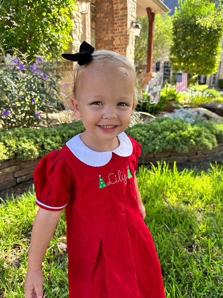 Girls monogrammed Christmas dress in pink, Corduroy Collared Christmas dress with tree design and name, 1st Christmas dress, Santa dress