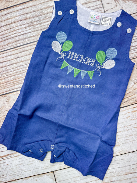 Monogrammed baby boy jon jon in navy with balloons and bunting flags, baby boy birthday outfit with name, cake smash outfit
