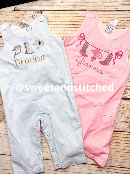 Personalized Boys Corduroy Birthday outfit with cowboy design and name - Baby Boy cake smash Outfit, Birthday overalls,