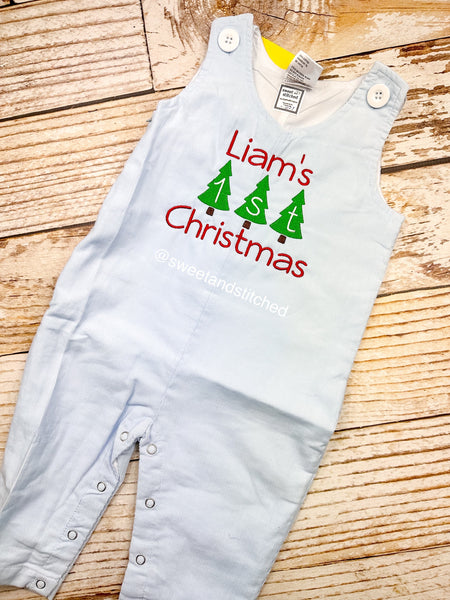 Personalized Baby Boy 1st Christmas outfit - monogrammed Christmas corduroy overalls in light blue.