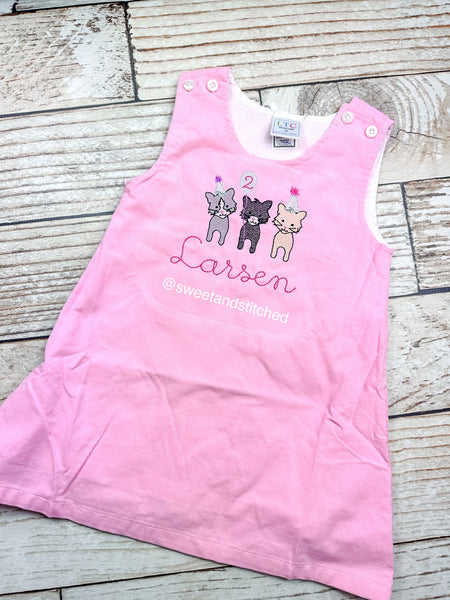 Baby girl monogrammed cat birthday jumper dress, monogrammed cat birthday party outfit, cat birthday cake smash
