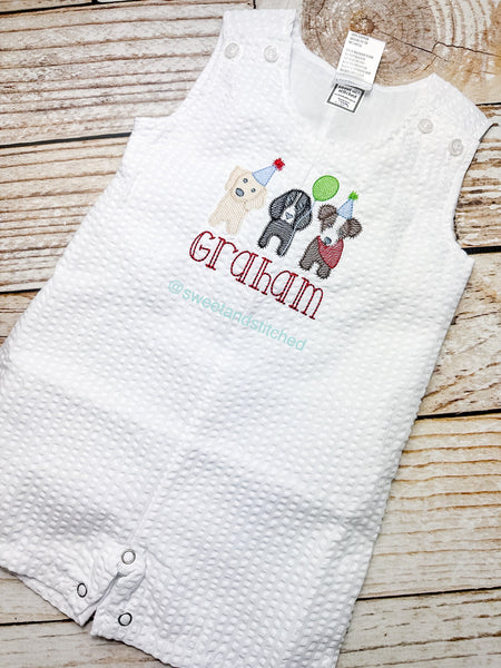Monogrammed Boys Jon Jon with dog birthday design, Baby boy 1st birthday outfit, Personalized Baby boy puppy cake smash romper