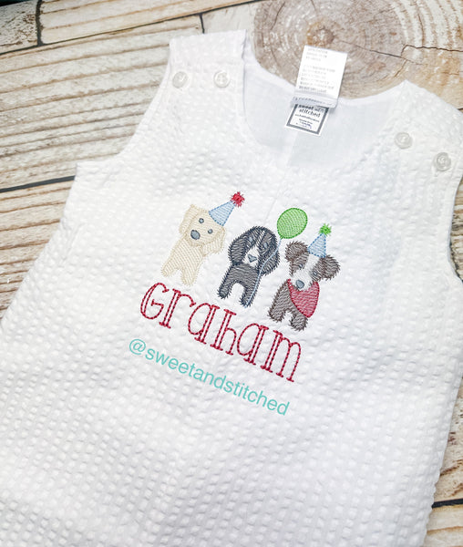 Monogrammed Boys Jon Jon with dog birthday design, Baby boy 1st birthday outfit, Personalized Baby boy puppy cake smash romper