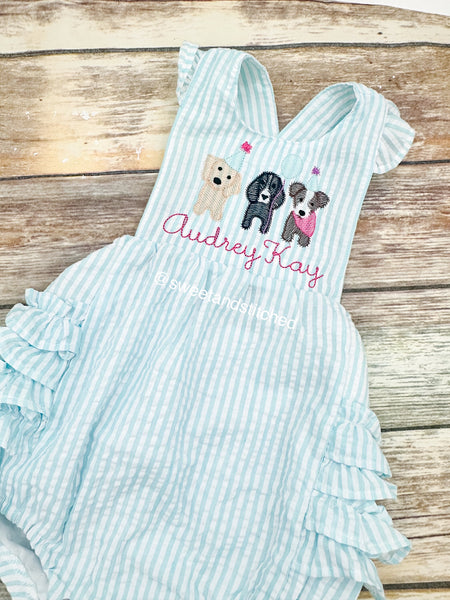 Monogrammed baby girl ruffle bubble with birthday dog birthday design in aqua, puppy cake smash, dog 1st birthday outfit