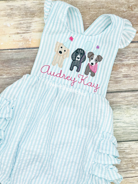 Monogrammed baby girl ruffle bubble with birthday dog birthday design in aqua, puppy cake smash, dog 1st birthday outfit